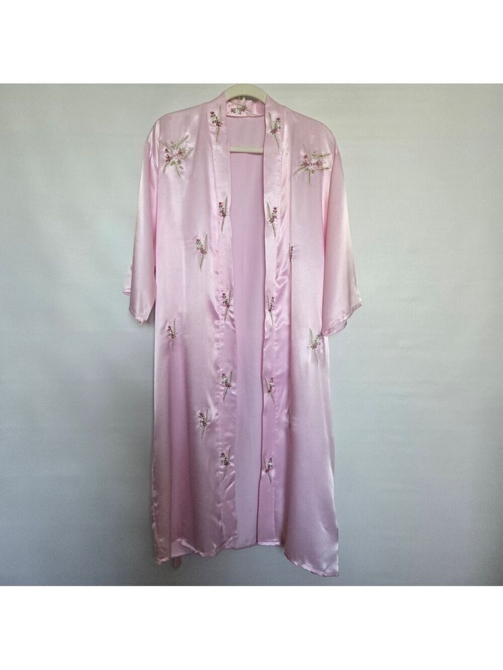 ROBE & CAMISOLE PAJAMA SET 100% SILK WOMEN PINK EMBROIDERED FLORAL DESIGN XXL - Picture 5 of 14